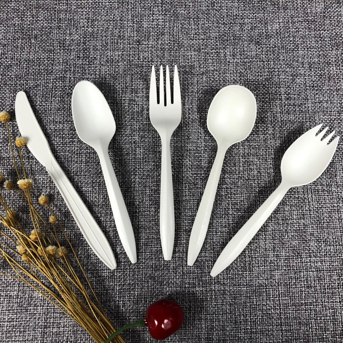 Biodegradable ecofriendly spoon fork knife tableware dinnerware flatware set 72pcs cornstarch disposable cutlery set